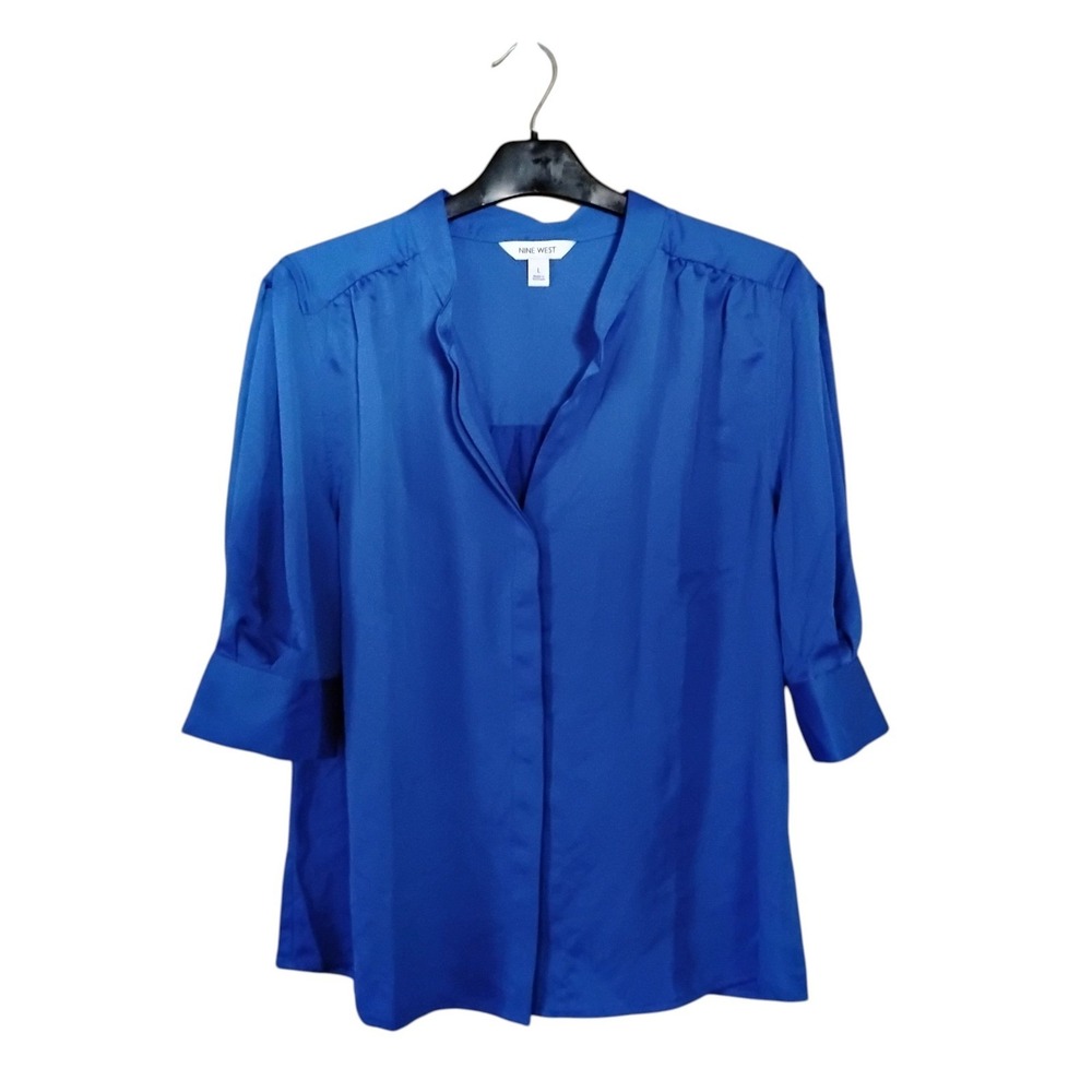 Nine West Womens Royal Blue V-Neck Blouse 3/4 Sleeve Button Front Top Large